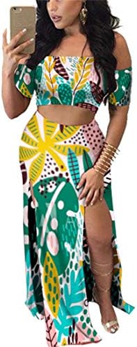 Women Sexy 2 Piece Outfits Dress Chiffon Strap Deep V Neck Bra Crop Top High Split Maxi Dresses Skirt Set
