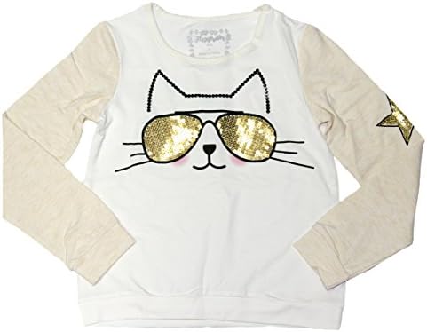 Flapdoodles Big Girls Long Sleeve Shirt with Fashionable Sequined Cat (Egret, 7)