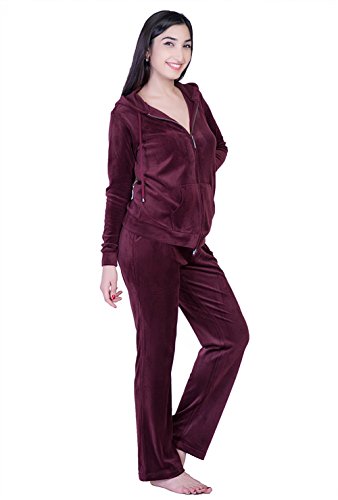 Dolcevida Women's Active Solid Velour Tracksuit Zip up Hoodie and Sweat Pant Set (Wine, M)