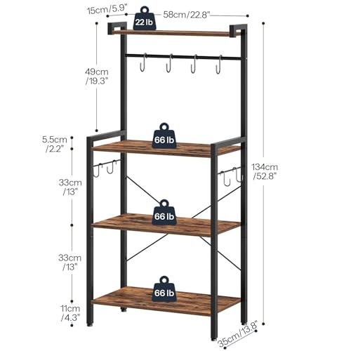 4 Tier Coffee Bar Station with Storage, Rustic Brown Corner Bakers Rack with 8 S-Shaped Hooks, High kitchen Shelves Stand Microwave Stand for Spices, Pots, Wooden Top and Black Metal Frame EBF04HB01