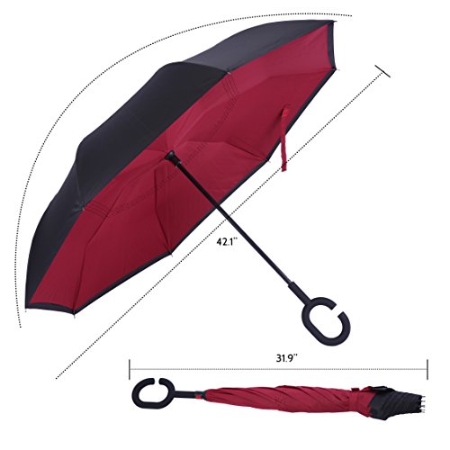 Marino Upside Down Umbrella - Reverse Folding Inside Out Umbrella - Unbreakable - Red