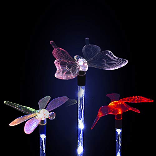 Solarmks Garden Solar Lights Outdoor Decorative - 3 Pack Multi-color Changing LED Landscape Solar Lights, with a White LED Stake Light Butterfly Hummingbird Dragonfly for Garden Patio Pathway Backyard