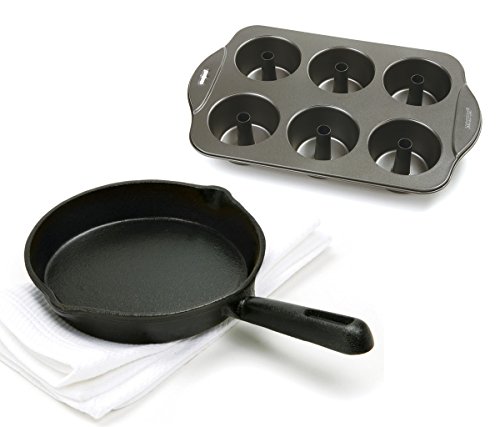 Click Here to See More Images Mozlly Value Pack - Norpro Nonstick 6 Cup Mini Angel Food Bundt Cake Pan - 17 x 11 x 2.25 inch - Kitchen Bakeware AND Pre-Seasoned Mini Cast Iron Skillet - 11 x 7.25 x 1.5 inch - Nonstick (2 Items)