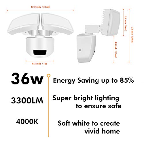 FUDESY 36W Dual-Head LED White Motion Sensor Security Light with Remote Control, Dust to Dawn Photocell, Microwave/Radar Detector Motion Sensor, Waterproof, Flood Light, 4000K Daylight - Thumbnail 2