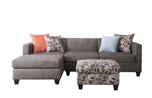 Bobkona Poundex Simplistic Collection 3-Piece Sectional Sofa with Ottoman, Charcoal