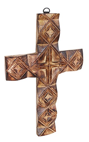 Wooden Wall Cross Plaque 12" Long Hanging with Hand Carvings Religious Altar Home Living Room Decor