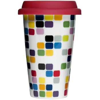 Sagaform 5015918 Double Wall Porcelain Pix Take Away Mug with Drip Proof Silicone Lid, Pix, 8.5-Ounce