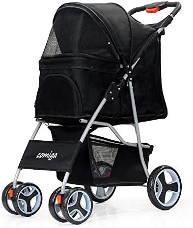 comiga Pet Stroller for Dog & Cat, Four-Wheel Easy Foldable Travel Stroller for Puppy, Kitten, Waterproof Pet Carrier with Storage Basket, Up to 33.06 lbs