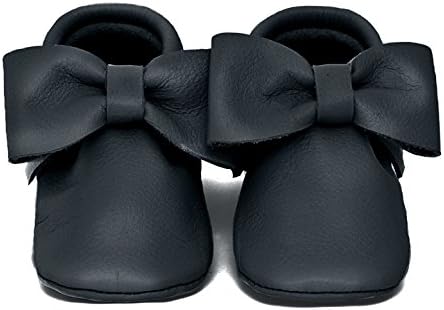 Baby Moccasins, The Coral Pear Bow Moccasin, Genuine Leather Shoes for Babies &amp; Toddlers, Black, Size 2M (Babies &amp; Toddlers)