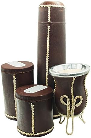 Leather Yerba Mate Kit and Accessories |mate bag, gourd, bombilla, thermos flask, herb container (Brown)