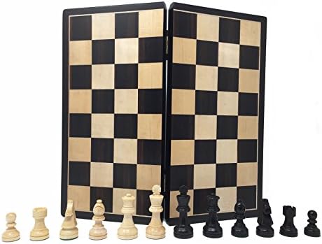 Hansen Games Classic Ebony Wooden Chess Checkers Backgammon Set 11" Folding Travel Board with 2.5" King