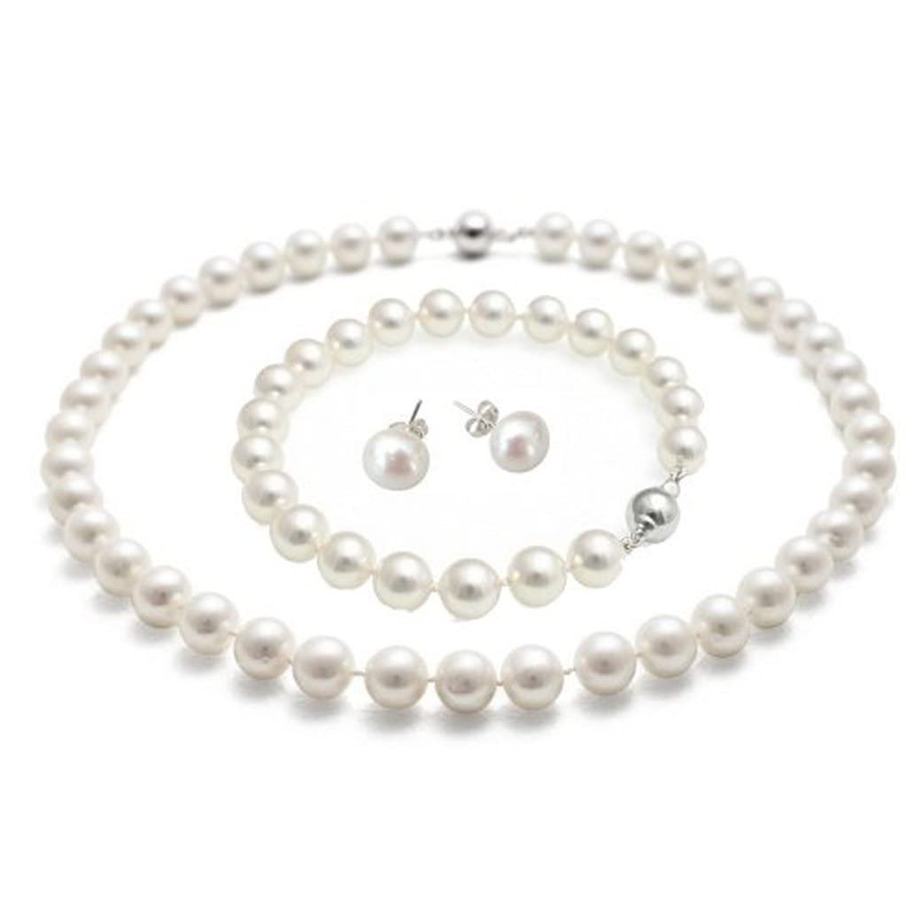 Treasure Bay Elegant 8-9mm Natural White Freshwater Pearl Necklace Bracelet and Earrings Set for women ladies and girls