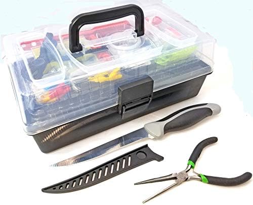 FabFiveCo 103 Piece Tackle Box Fishing Kit with Filet Knife and Needle Nose