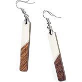 Retro Wooden Resin Geometric Bar Drop Dangle Earrings Two Tone Handmade Natural Wood for Women Lightweight Bohemian Statement Jewelry