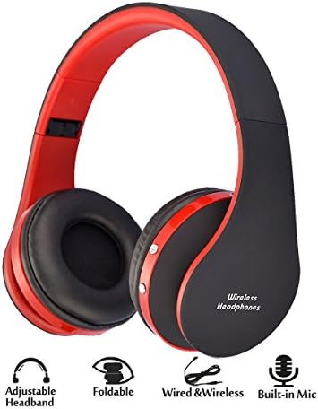 Ashipher Bluetooth Headphones Over Ear, Wireless/Wired Headset Foldable Rechargeable Hi-Fi Stereo Earphones with Built-in MIC 3.5mm Audio Jack for iPhone X/8/7/6 /Android, Laptop/PC (red)