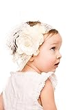 Baby Girl Boutique Floral Headband White for Christening, Communion, Blessings for Babies and Girls Curly Feathers Wide Stretch Lace Band Photo Prop Formal Dressy Wear