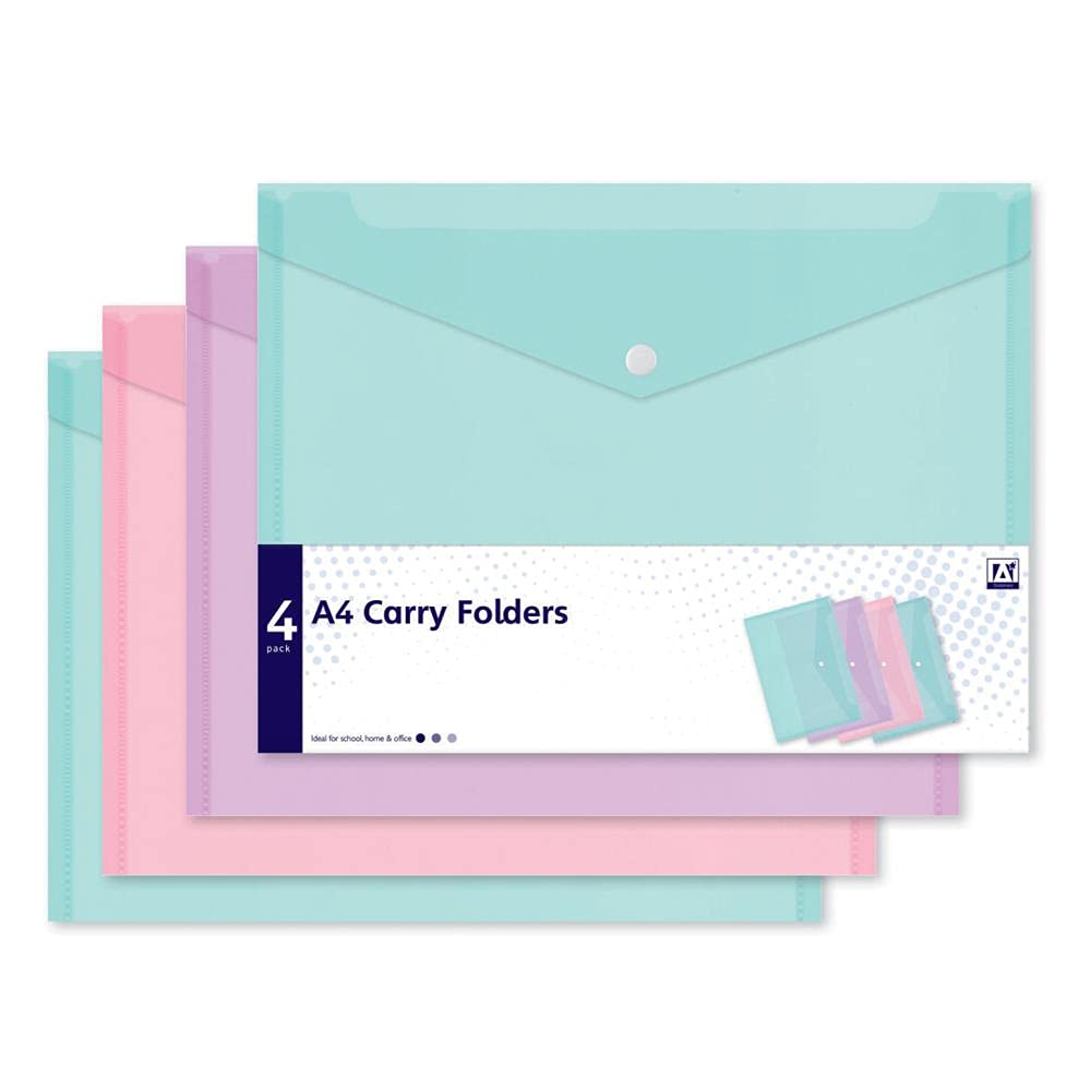4 Assorted Pastel Colour A4 Document Stud Wallets Plastic Carry Popper Folder Pink Aqua