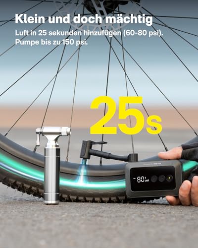 HOTO Mini Bicycle Pump, 25s Quick Inflation Electric Bicycle Pump, 150 psi Battery Bicycle Pump with Presta and Schrader Valve, for E-Bike, All Types of Bicycles and Motorcycles