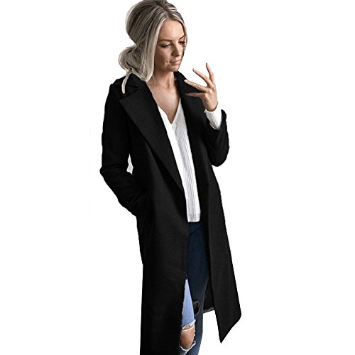 Auwer Womens Long Coat Warm Wool Lapel Trench Parka Jacket Cardigan Long Slim Overcoat Outwear (S, Black)