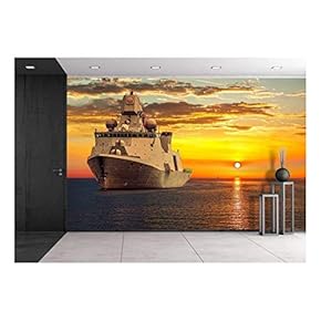 The Military Ship on Sea at Sunrise. - Removable Wall Mural | Self-Adhesive Large Wallpaper - 66x96 inches