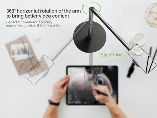 elitehood Overhead Phone Mount with Heavy Duty Base, Height Adjustable Phone Stand for Filming, 38cm Long Arm iPhone Holder for Video Recording, Overhead Tripod for iPhone 15 14 13, Android Cell Phone