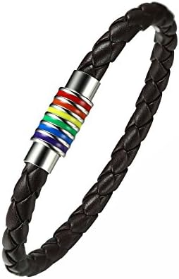 IFUAQZ Titanium Stainless Steel Magnet Rainbow LGBT Pride Handmade Braided Bracelet PU Leather Weave Plaited Jewelry