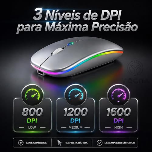 Mouse Bluetooth Recarregável sem Fio Dupla Conexão, e USB, Wireless Mouse compatível com iPhone, MacBook,iPad,Laptop,PC,Notebook, Tablet,Ergonômico, Premium Yecna (Preto)