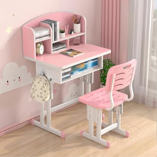 Kids Desk and Chair Set, Height Adjustable Children Study Desk Chair Set, Multi Functional Student Writing Desk Table with Drawer Bookstand, Ergonomic Student Learning Table Desk Chair for Girl Boy