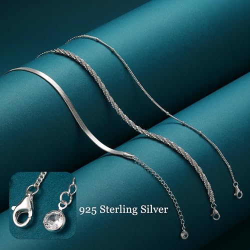 CASSIECA Sterling Silver Bracelets for Women Ladies Silver Bracelets Layered Dainty Link Chain Bracelet Adjustable Stackable Beaded Bracelets for Women Girls