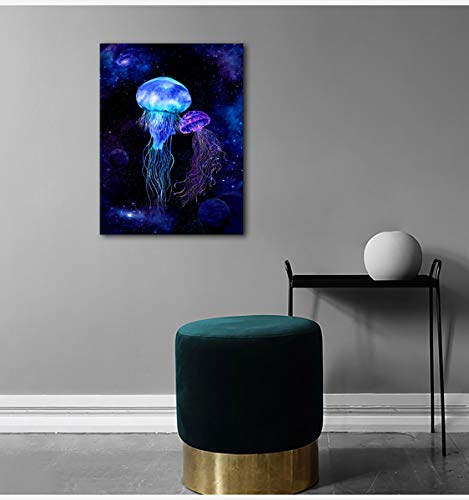 Jellyfish Wall Art Galaxy Canvas Picture Blue Fantastic Cosmic Canvas Artwork Contemporary Art Prints Framed for Home Office Kitchen Bathroom Bedroom Nursery Living Room Decor 12\