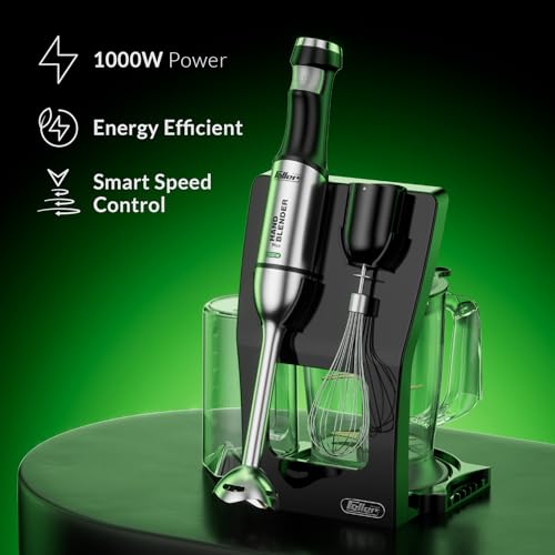 Feller Germany 3in1 Hand Blender 1000W, Smart Speed Control, 4-Fin Titanium Blade, Stainless Steel Body, 1.2L Chopper, Whisk, 42.5CM Extra Long Shaft, HB1000 Plus, 2Y Guarantee-UAE Version (Black)