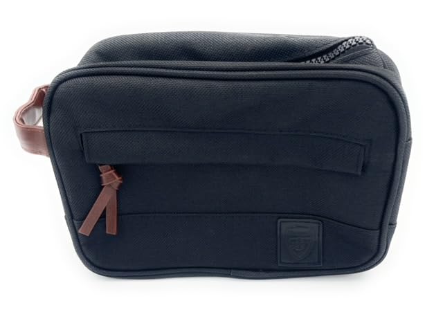 Arsenal Football ***New for 2021*** Arsenal Men's Wash Bag. Canvas Style Wash Bag with Detailed Crest and Leather Handle, Black