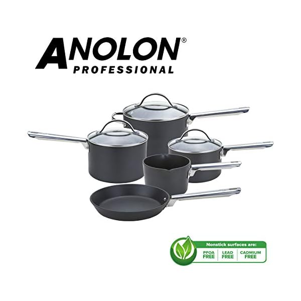Anolon-85068-Professional-Milkpan-Saucepans-and-Frypan-Set-of-5-Lifetime-Guarantee-Premium-Non-Stick-pots-and-pans-with-Glass-lids-Hard-Anodised-cookware-Black Anolon Professional Non Stick Pots and Pans Set of 5 - Cookware Set with Milkpan, Saucepans with Toughened Glass Lids…