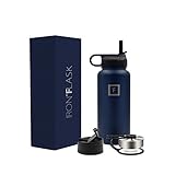 Iron Flask - 32 Oz, 3 Lids, Vacuum Insulated Stainless Steel Water Bottle, Hot & Cold, Wide Mouth, Nalgene, Double Walled, Simple Flow Thermo Modern Travel Mug, Hydro Canteen Powder Coated, Blue