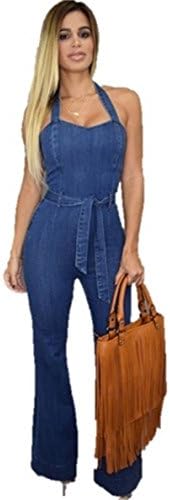 Women Casual Backless Sleeveless Street Style Halter Wide Leg Denim Jumpsuit