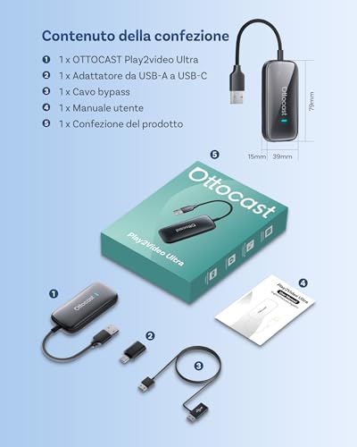 OTTOCAST Play2Video Ultra, Adattatore CarPlay Wireless & Android Auto Adattator con Netflix YouTube WiFi 6 5G Bluetooth 5.4 Adattatore CarPlay Netflix per la maggior parte delle auto dal 2016