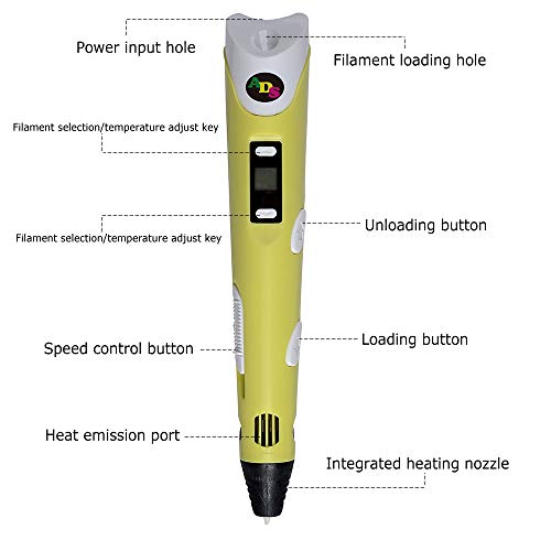 3D Printing Pen, Low Temperature with LED Display for Kids and Adults, Doodler Model Making, Art Crafts Tool, Compatible with PLA and ABS + Bonus 24 Color 236 Feet Filament Refills (Yellow)