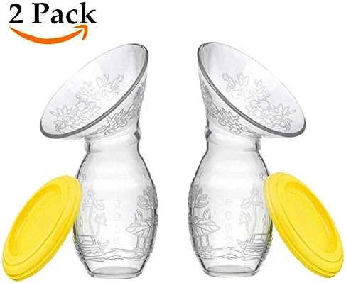 Silicone Manual Breast Pump Breastfeeding Milk Saver Suction with Protective Lid - 2Pack 100% Food Grade Silicone Milk Collector for New Moms (Yellow)