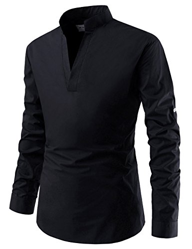 NEARKIN NKNKN382 Mens Classic Fit Roll-up Sleeve Mandarin Collar V Neck Casual Shirts Black US L(Tag Size L) - Thumbnail 3