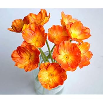 famibay 10 Pcs Artificial Mini Real Touch PU/Latex Corn Poppies Decorative Silk Fake Artificial Poppy Flowers for Wedding Holiday Bridal Bouquet Home Party Decor Bridesmaid Bouquets (Orange, 10PCS)