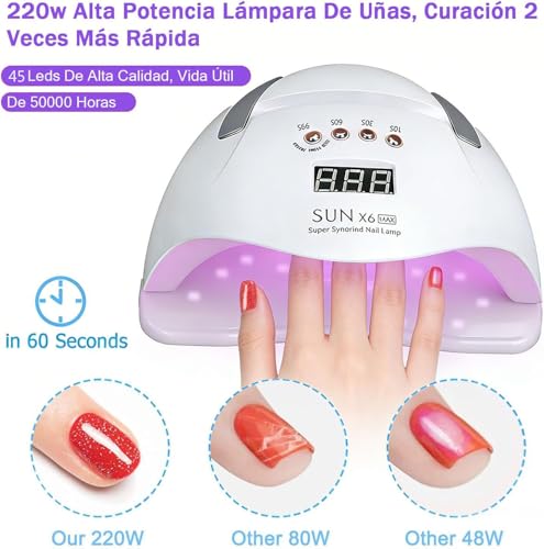 CARYWON - Lámpara de Uñas, 200W 45 UV LED Lámpara de Uñas para Esmalte de Gel, Secador de Uñas con 4 Ajustes de Temporizador y Pantalla LCD, Lámpara de gel de Curado Portátil más Rápido
