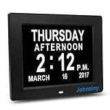 Johnziny Digital Calendar Day Clock- 8 Alarms Dementia Alzheimer Memory Loss Vision Impaired Battery Backup Alarm Clock for Seniors/Elderly with Play Video/Photo Function
