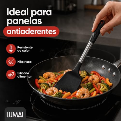 LUMAI Kit Utensílios de Cozinha Inox e Silicone 10 Peças com Suporte - Preto