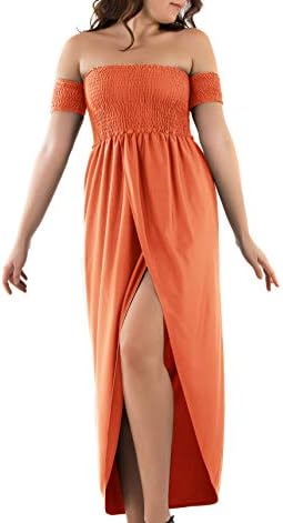 Comfortable Backless A-line Fit-and-Flare Boho Off Shoulder Stretchy Sundress Ladies Women Casual Maxi Holiday Summer Beach Party Dress Clothing with Split Plus Size