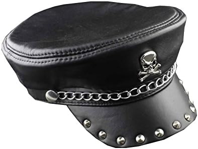 New! Metal Rivet Studded Skull Mens Genuine Leather Biker Punk Rocker Cap Hat