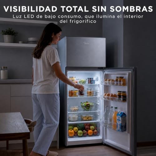 Frigorífico 2 puertas 140 cm alto x 55 cm ancho, Inox, Capacidad 204 L, Nevera Pequeña con Congelador Low Frost de Bajo Consumo, Puerta Reversible, Luz LED, Silencioso 40dB, Cajón de Frutas