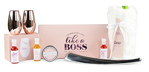 The â€˜Champagne Bossâ€™ Champagne Gift Set by Thoughtfully | Includes 2 Rose Gold Champagne Glasses, 3 Champagne Mixers, Metal Champagne Opener, Rimming Sugar & More!