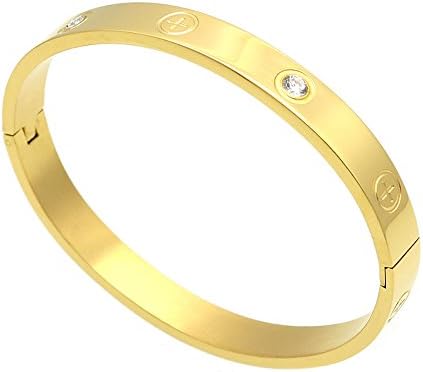 Luxury Gold -Plated Stainless Steel with CZ Stone Simple Style Love Bangle Bracelet for Women Men