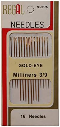 Set of 16 Milliners Hand Needles, 3 Sizes for Sewing & Embroidery, Plated Steel with Golden Eye, Large-Eye, Thick and Thin