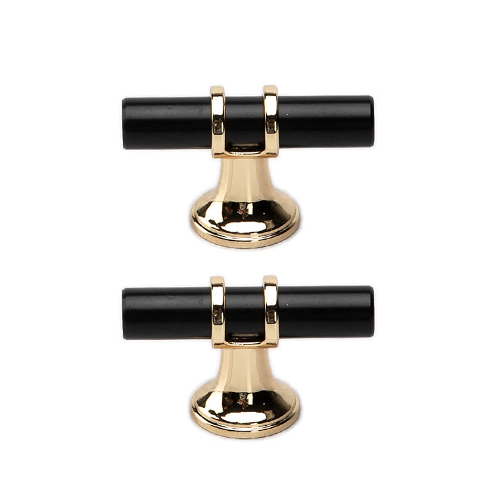 Dreneco 2 Pack Drawer Knobs - Zinc Alloy Cabinet Knobs with T Bar Handles (Single Hole, Black+Gold)